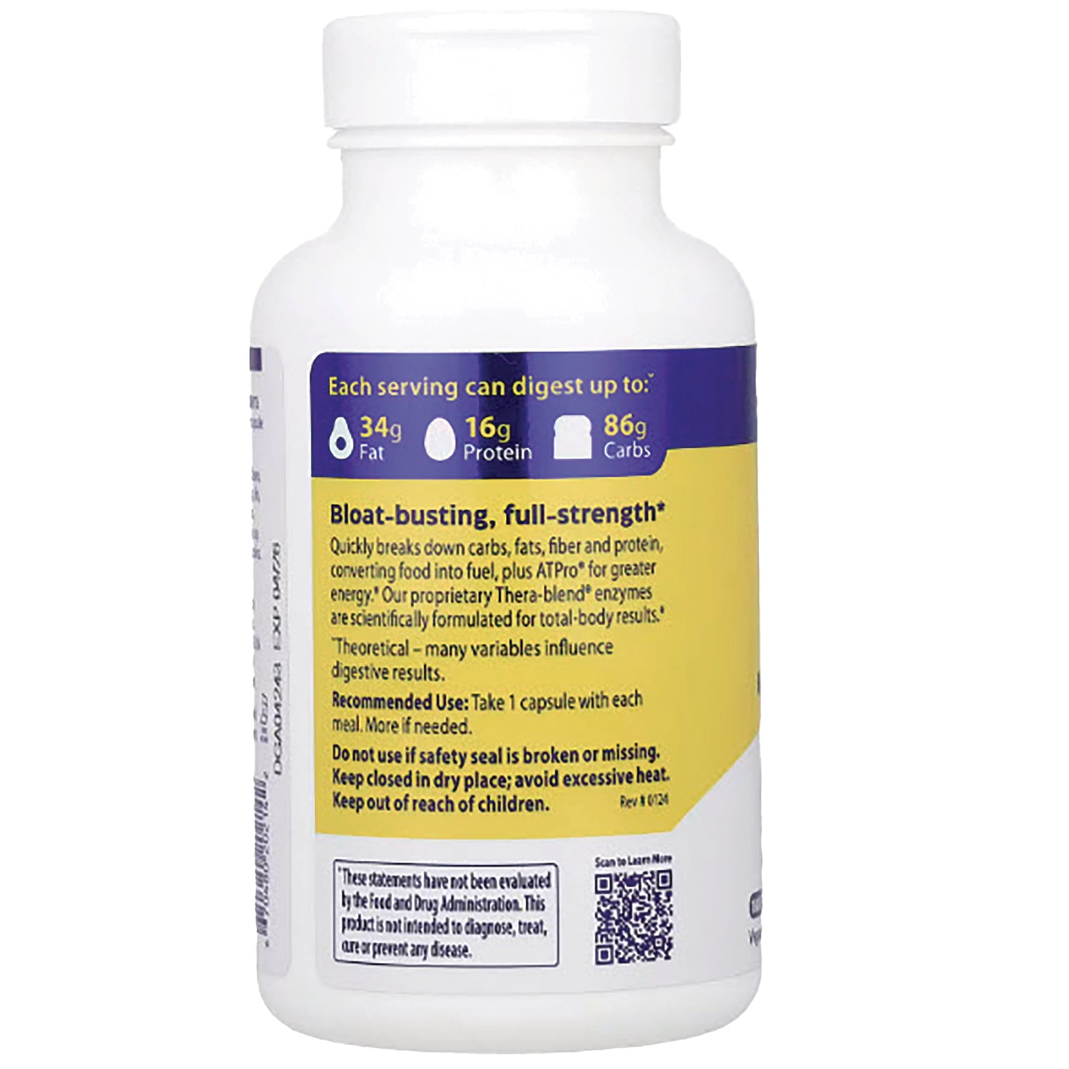 EMD011 | back label product infographic on white supplement bottle showing digestion claims, recommended use and QR code