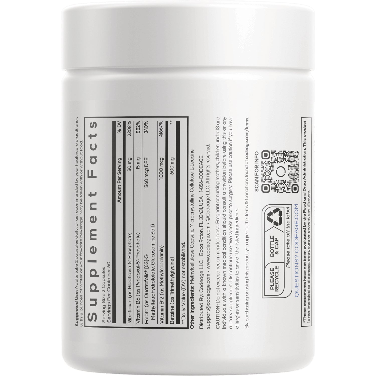 CDG030 | Supplement facts panel with nutrition table, ingredient list, QR code and recycle symbol on white bottle