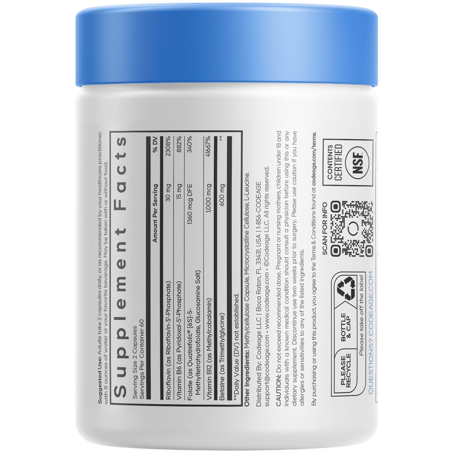 CDG030 | Supplement facts panel with nutrition table, ingredient list, QR code and recycle symbol on white bottle