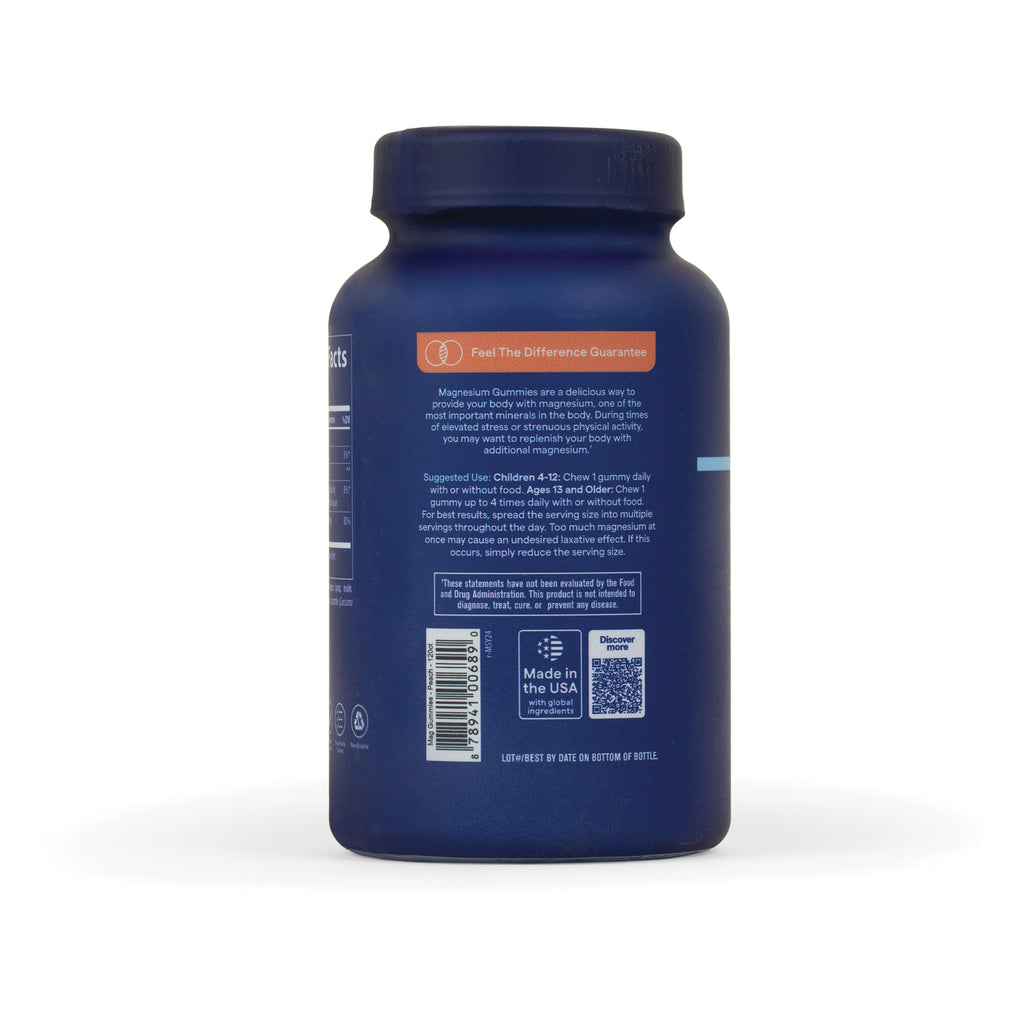 TM138 | Back label of magnesium gummies bottle with directions, QR code, and Made in the USA badge - Thumbnail