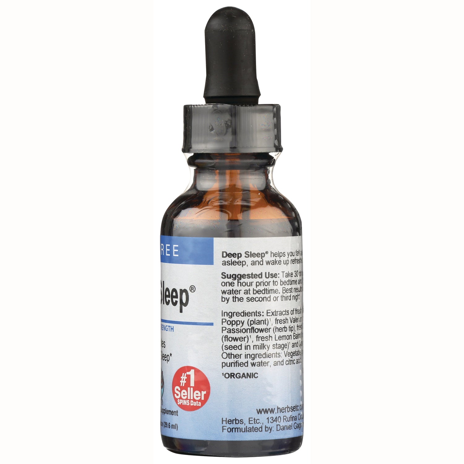 HE104 | back of amber glass dropper bottle showing label with suggested use, ingredients, and #1 Seller badge