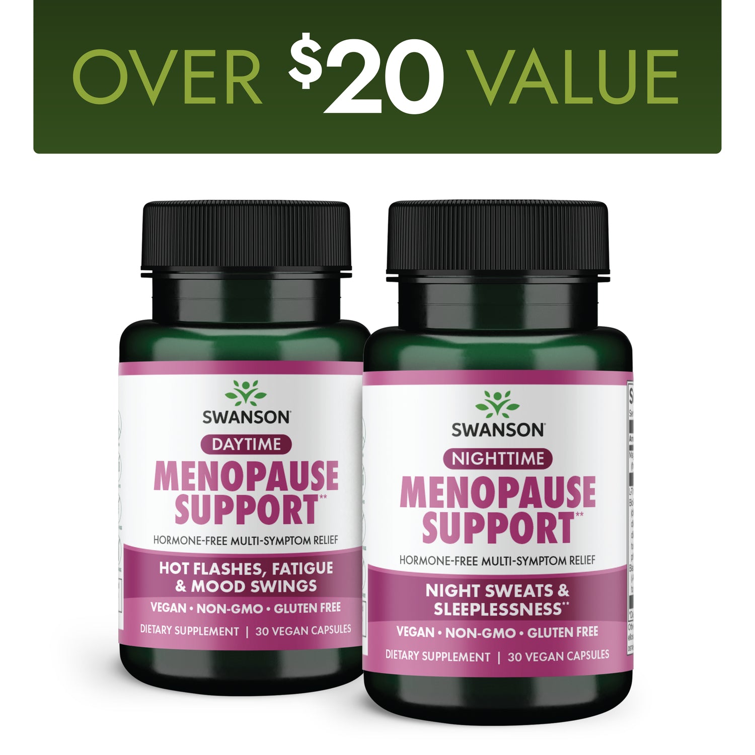 SW1991 | Two green Swanson Menopause Support bottles labeled Daytime and Nighttime with value banner above