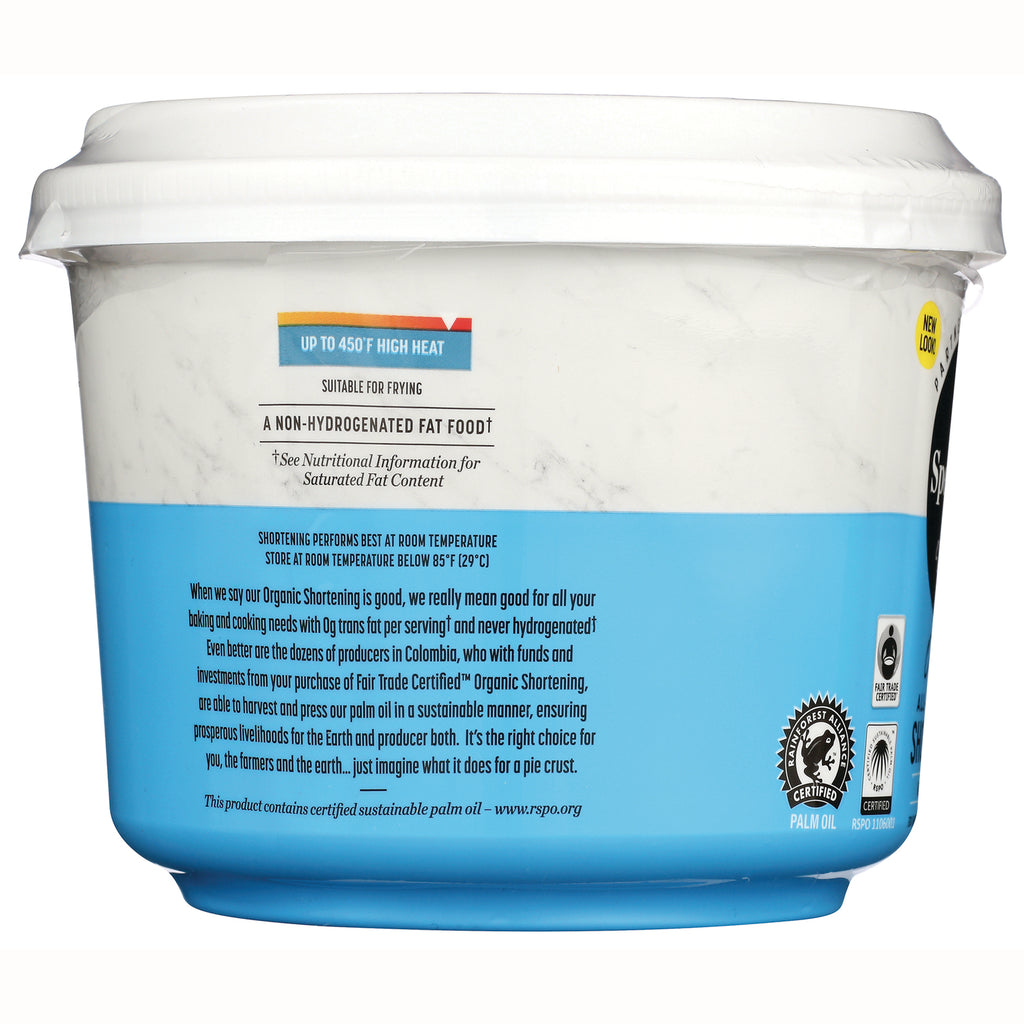 SP052 | Back label of organic shortening tub with usage info, 450F high heat note, and certifications - Thumbnail