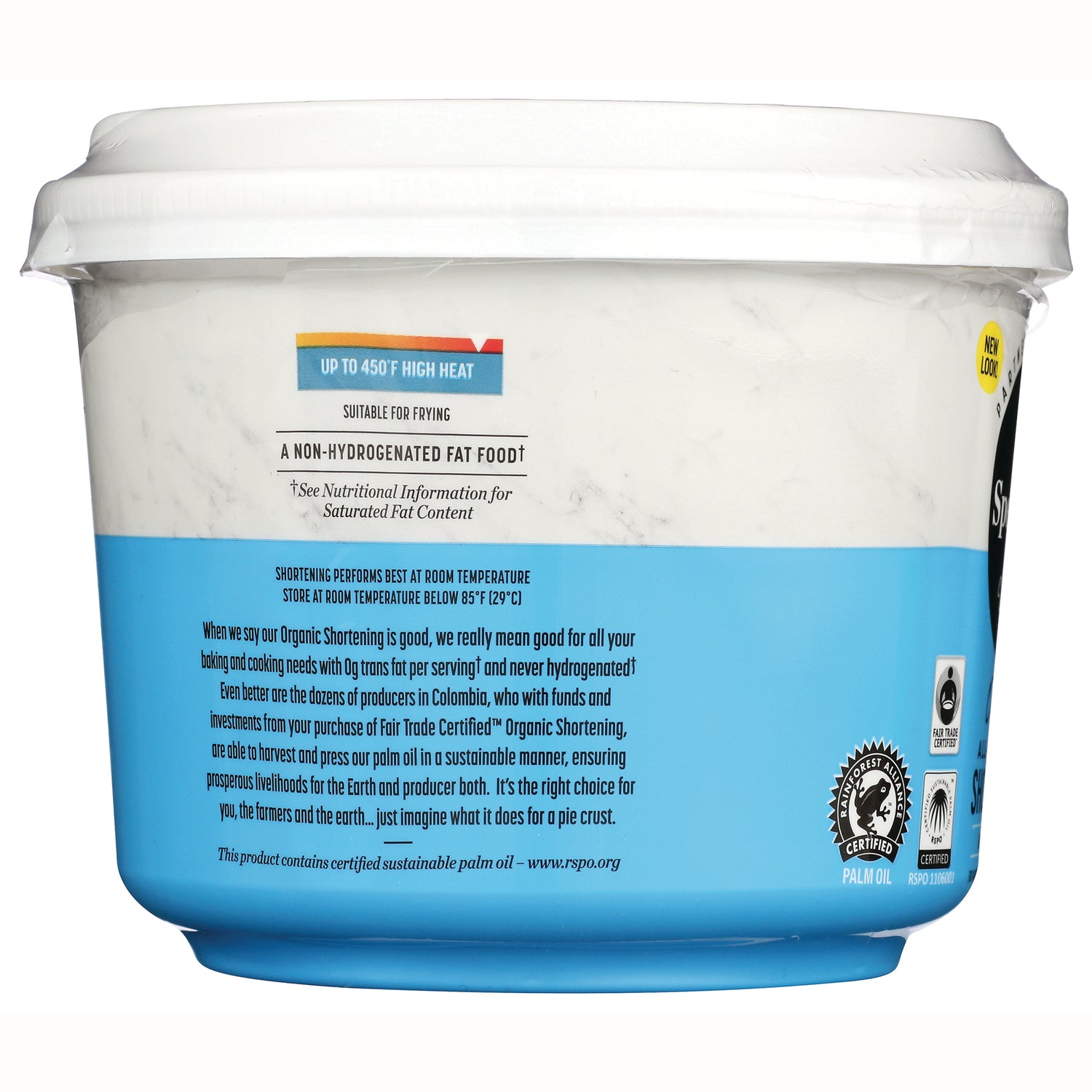 SP052 | Back label of organic shortening tub with usage info, 450F high heat note, and certifications