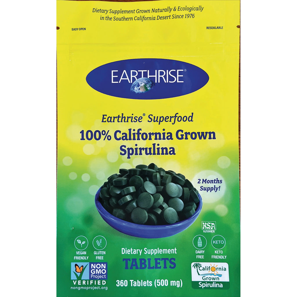 ER057 | Earthrise 100% California Grown Spirulina tablets packaging with bowl of dark green tablets, 360 tablets (500 mg) - Thumbnail