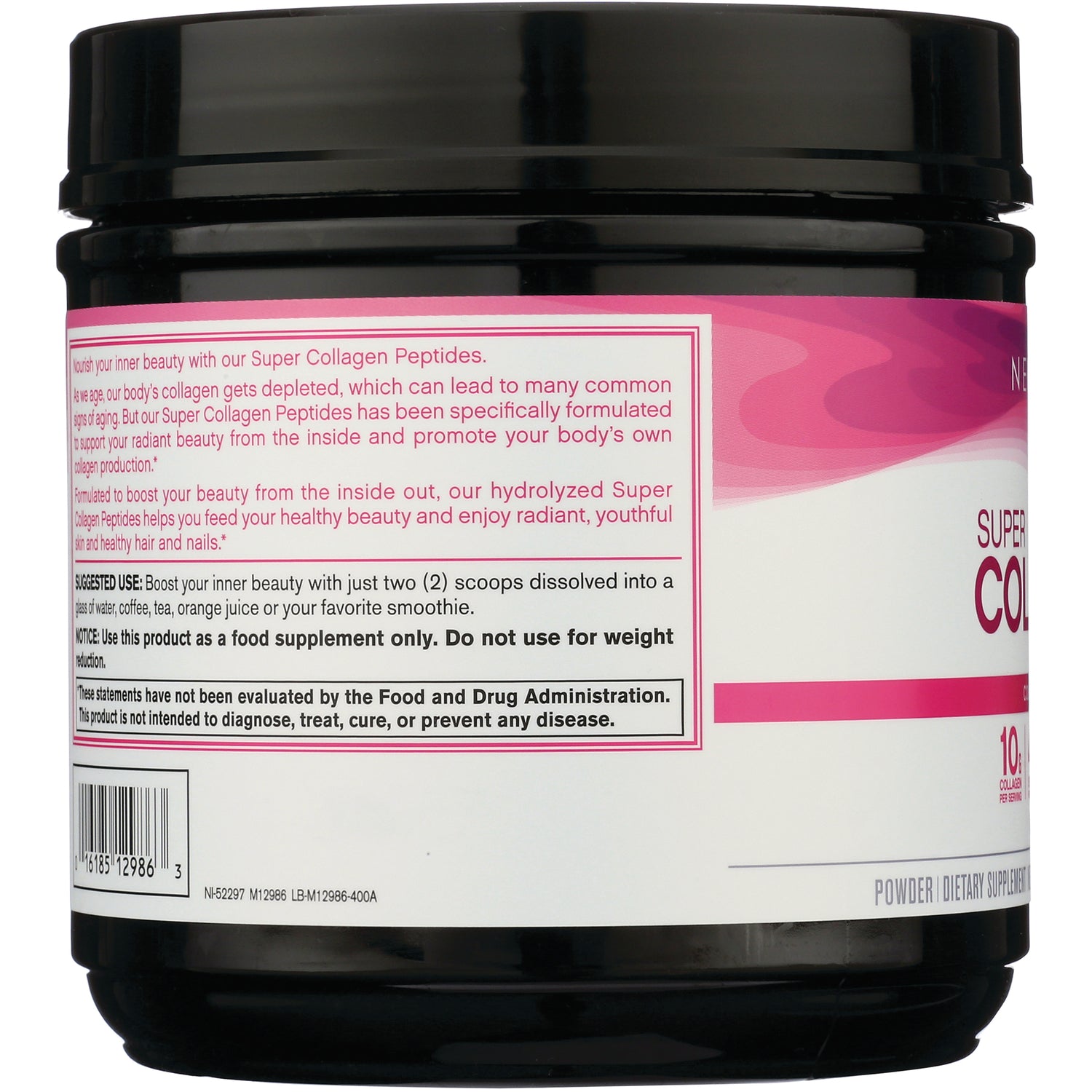NEC029 | back label of collagen powder showing product infographic with suggested use and warnings