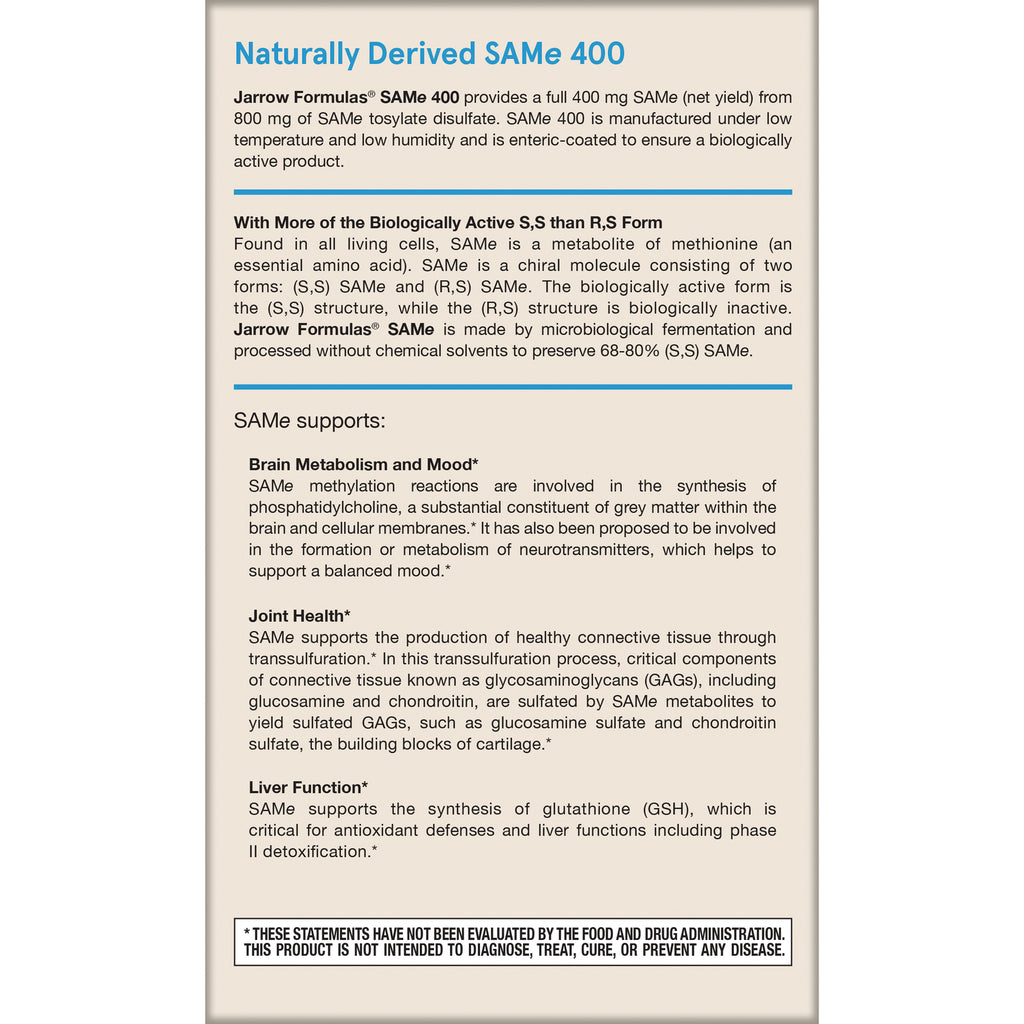 JR041 | Product infographic titled Naturally Derived SAMe 400 listing brain, joint, liver benefits and ingredient information - Thumbnail