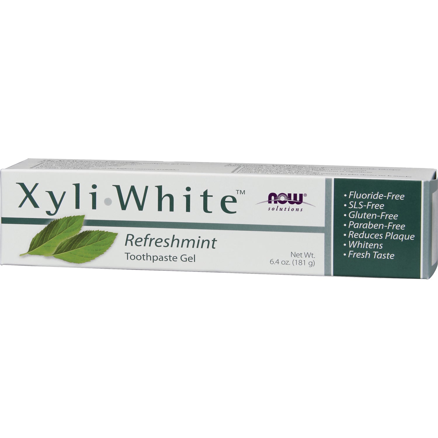 NWF164 | XyliWhite Refreshmint toothpaste gel box 6.4 oz showing product name, mint leaves and benefits list