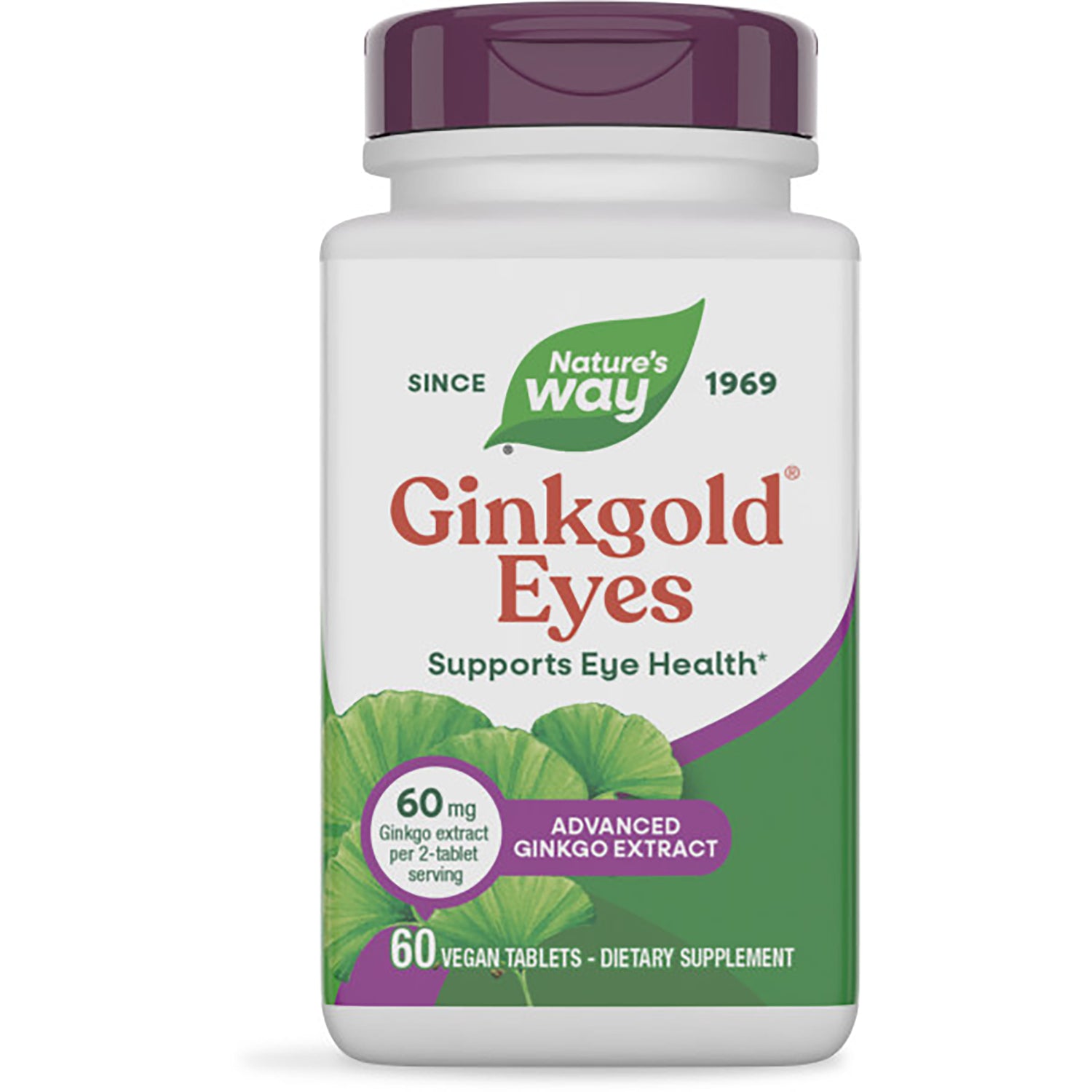 NW681 | Nature's Way Ginkgold Eyes supplement bottle front label showing 60 vegan tablets, plant powered