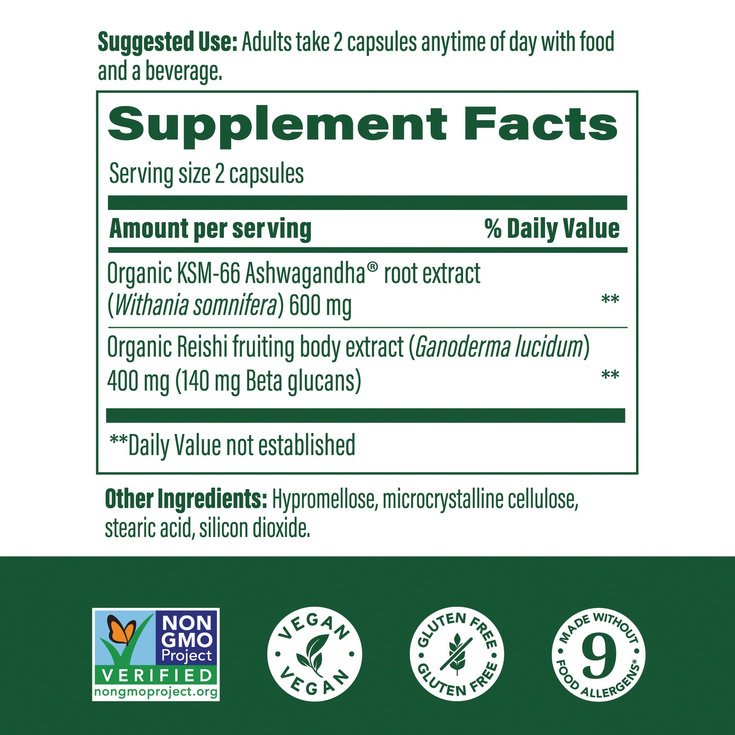 MGF138 | back label showing Supplement Facts, serving size, ingredient amounts and allergen icons