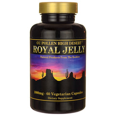 CCP005 | front-facing black bottle of Royal Jelly dietary supplement, 1000mg 60 vegetarian capsules, desert sunset label