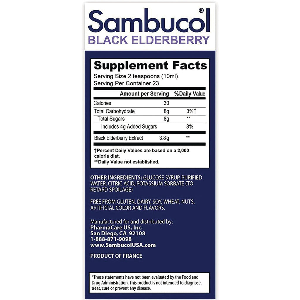 SMB002 | Sambucol Black Elderberry back label with Supplement Facts and other ingredients - Thumbnail