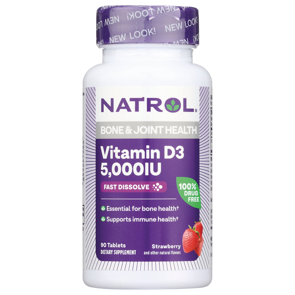 NA603 | Natrol Vitamin D3 5,000 IU fast-dissolve strawberry 90-tablet bottle front label - Thumbnail