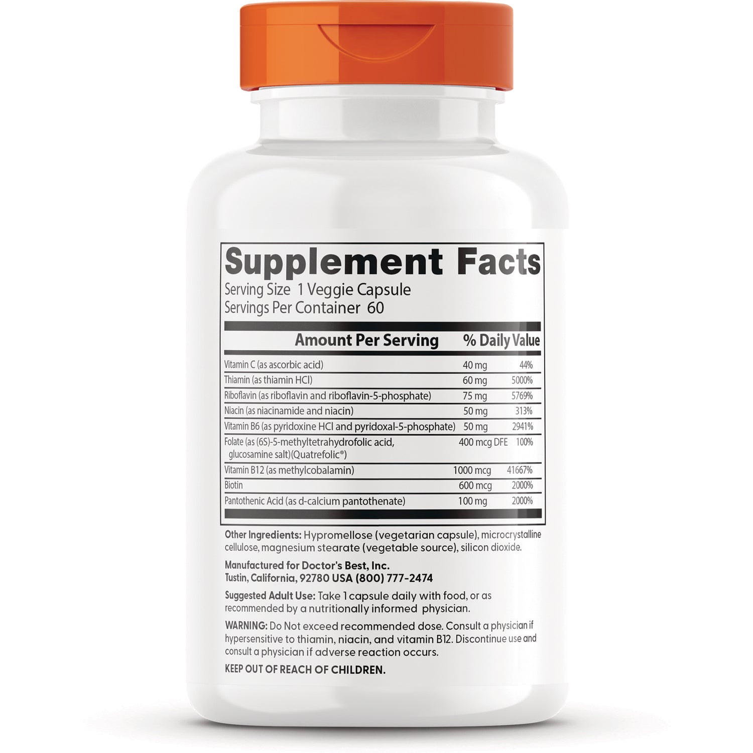 DB290 | back of white supplement bottle with orange cap showing Supplement Facts label and ingredients