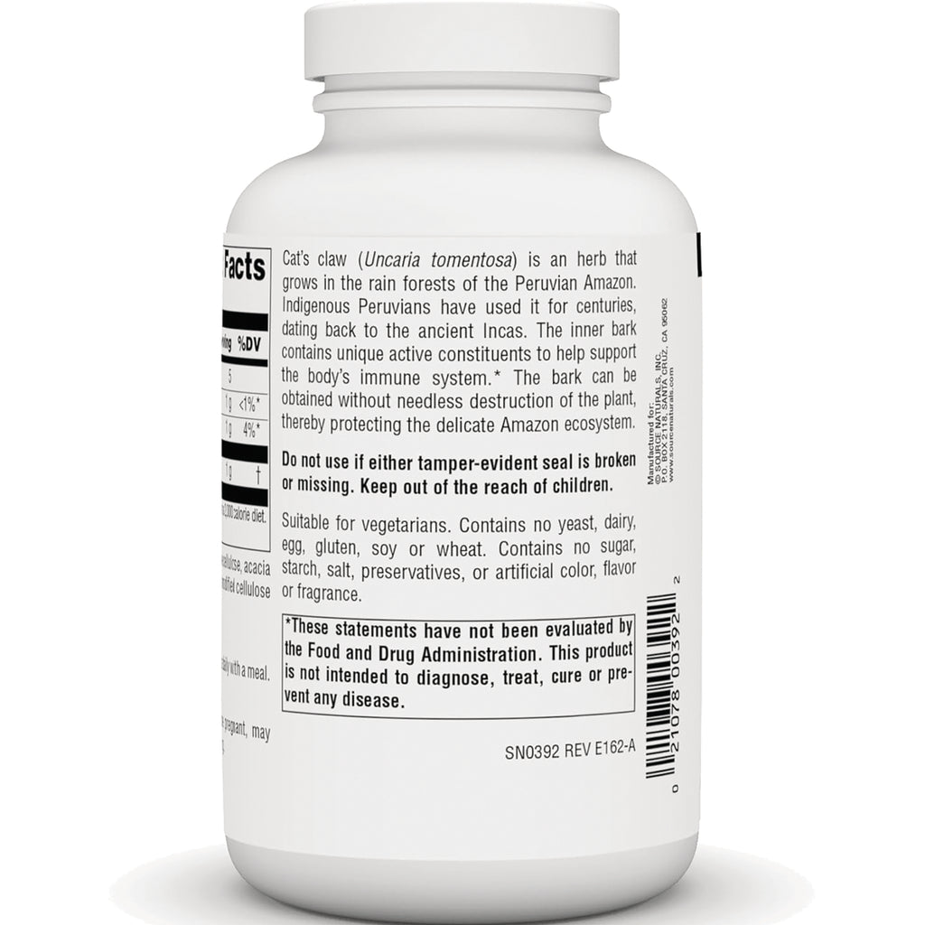 SN233 | Back label with Supplement Facts, cats claw description, warning text, and barcode - Thumbnail
