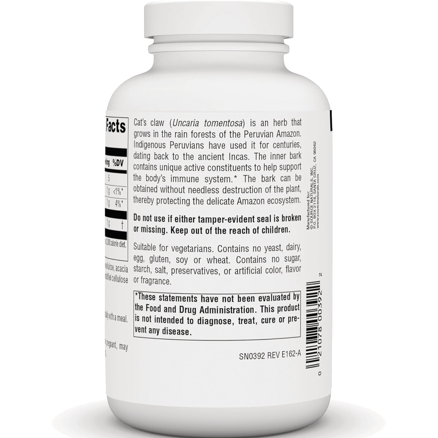SN233 | Back label with Supplement Facts, cats claw description, warning text, and barcode