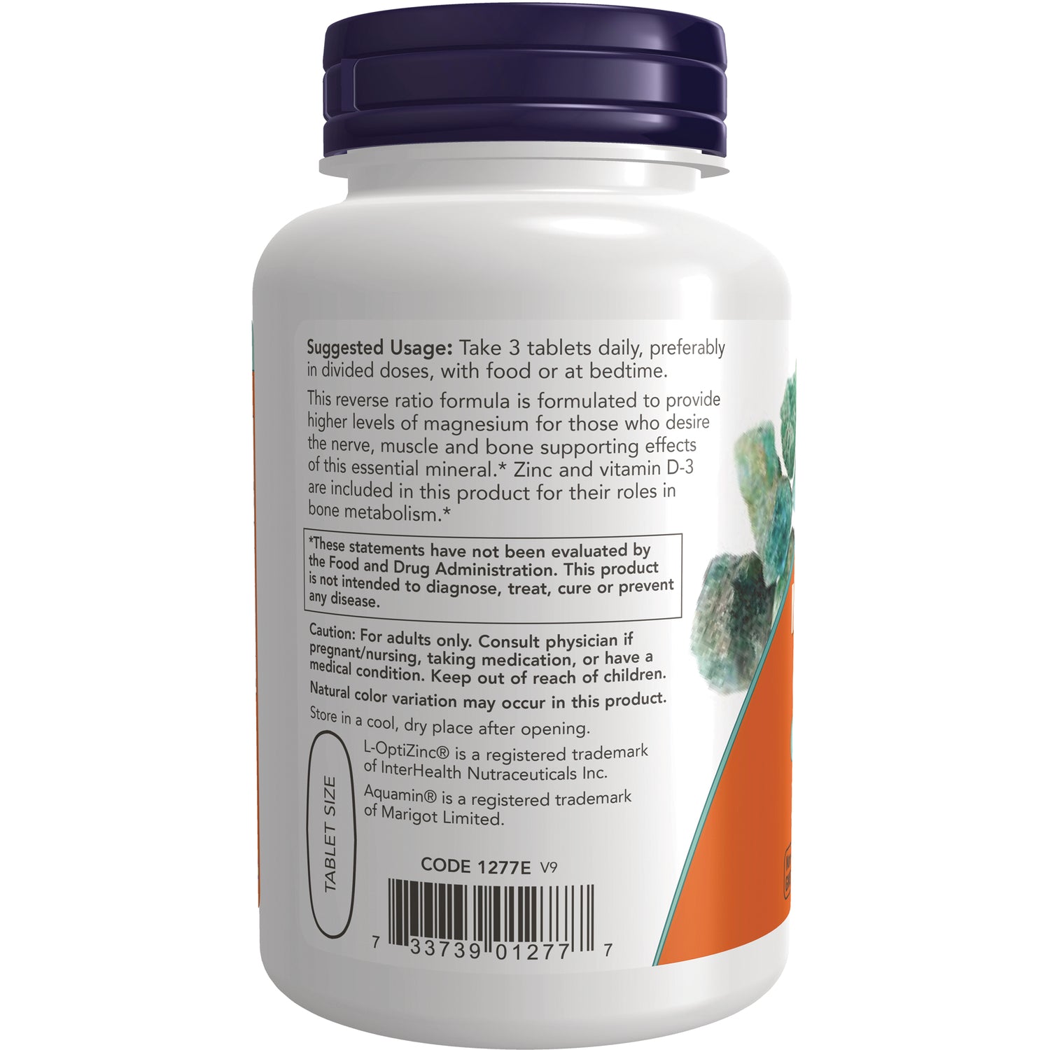NWF1251 | back label of white supplement bottle showing suggested usage, warnings, barcode and tablet size