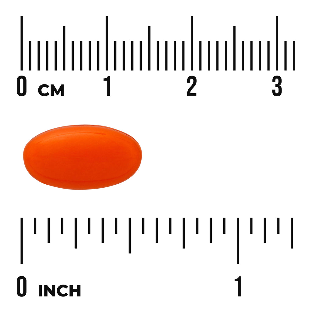 SWU611 | Orange oval softgel shown beside rulers labeled cm and inch to indicate size - Thumbnail