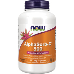 NWF656 | NOW AlphaSorb-C 500 supplement bottle with orange label, 180 veg capsules