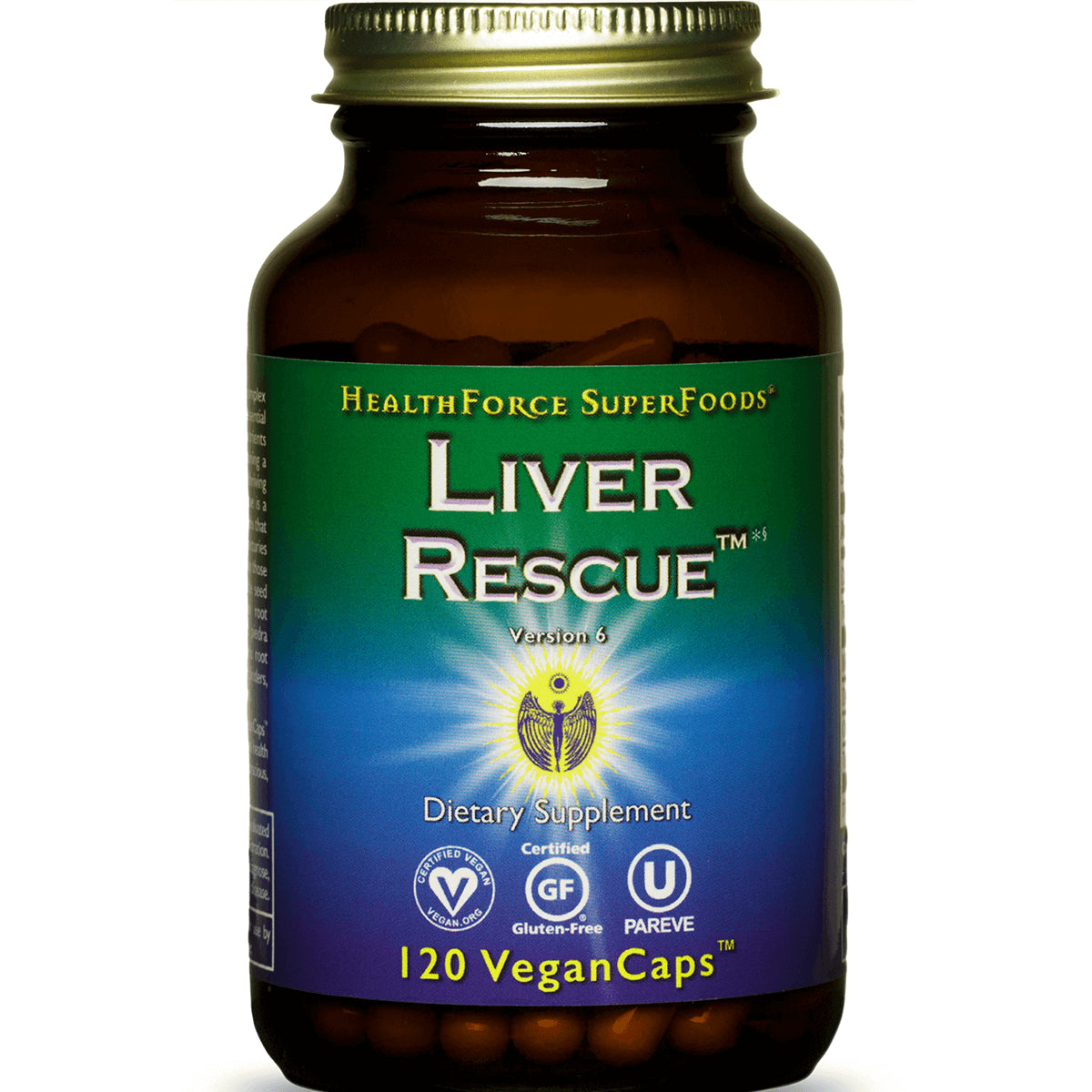 HFC003 | Front label of Liver Rescue dietary supplement bottle, 120 VeganCaps, green-blue label