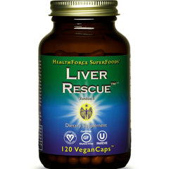 HFC003 | Front label of Liver Rescue dietary supplement bottle, 120 VeganCaps, green-blue label