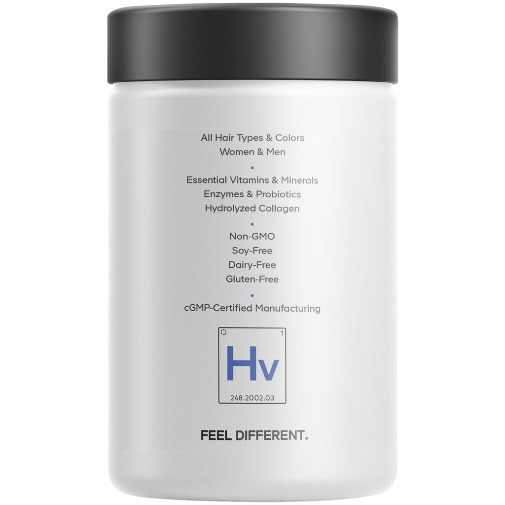 CDG010 | Back of white supplement jar showing benefits list All Hair Types & Colors; Essential Vitamins & Minerals; Non-GMO; cGMP Certified; Hv logo; FEEL DIFFERENT - Thumbnail