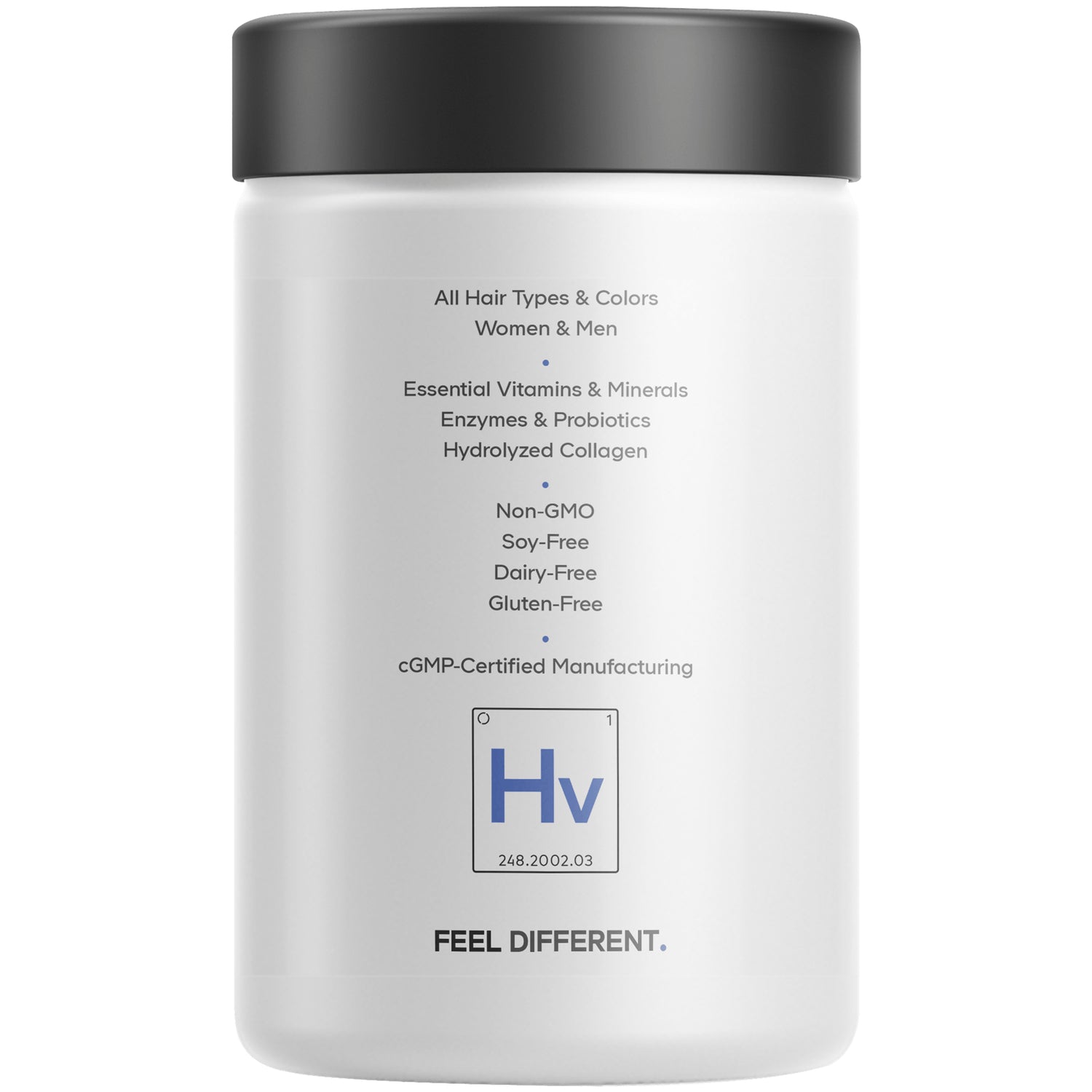 CDG010 | Back of white supplement jar showing benefits list All Hair Types & Colors; Essential Vitamins & Minerals; Non-GMO; cGMP Certified; Hv logo; FEEL DIFFERENT