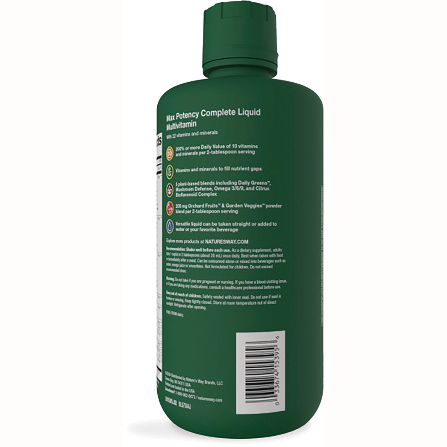 NW707 | Back label of green liquid multivitamin bottle showing ingredient text and barcode
