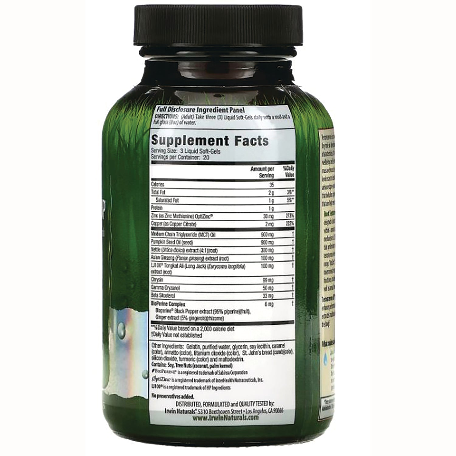 Back of green supplement bottle showing Supplement Facts label with ingredients and nutrition panel