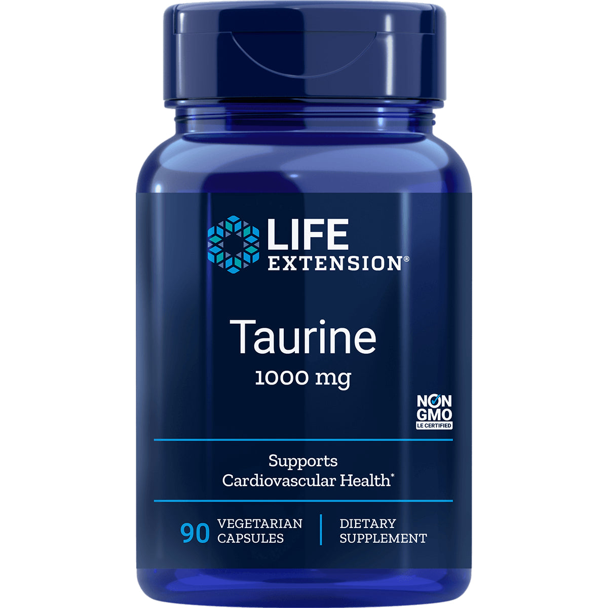 LE311 | Life Extension Taurine 1000 mg supplement bottle front label stating 90 vegetarian capsules, supports cardiovascular health, NON GMO