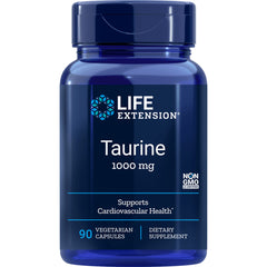 LE311 | Life Extension Taurine 1000 mg supplement bottle front label stating 90 vegetarian capsules, supports cardiovascular health, NON GMO