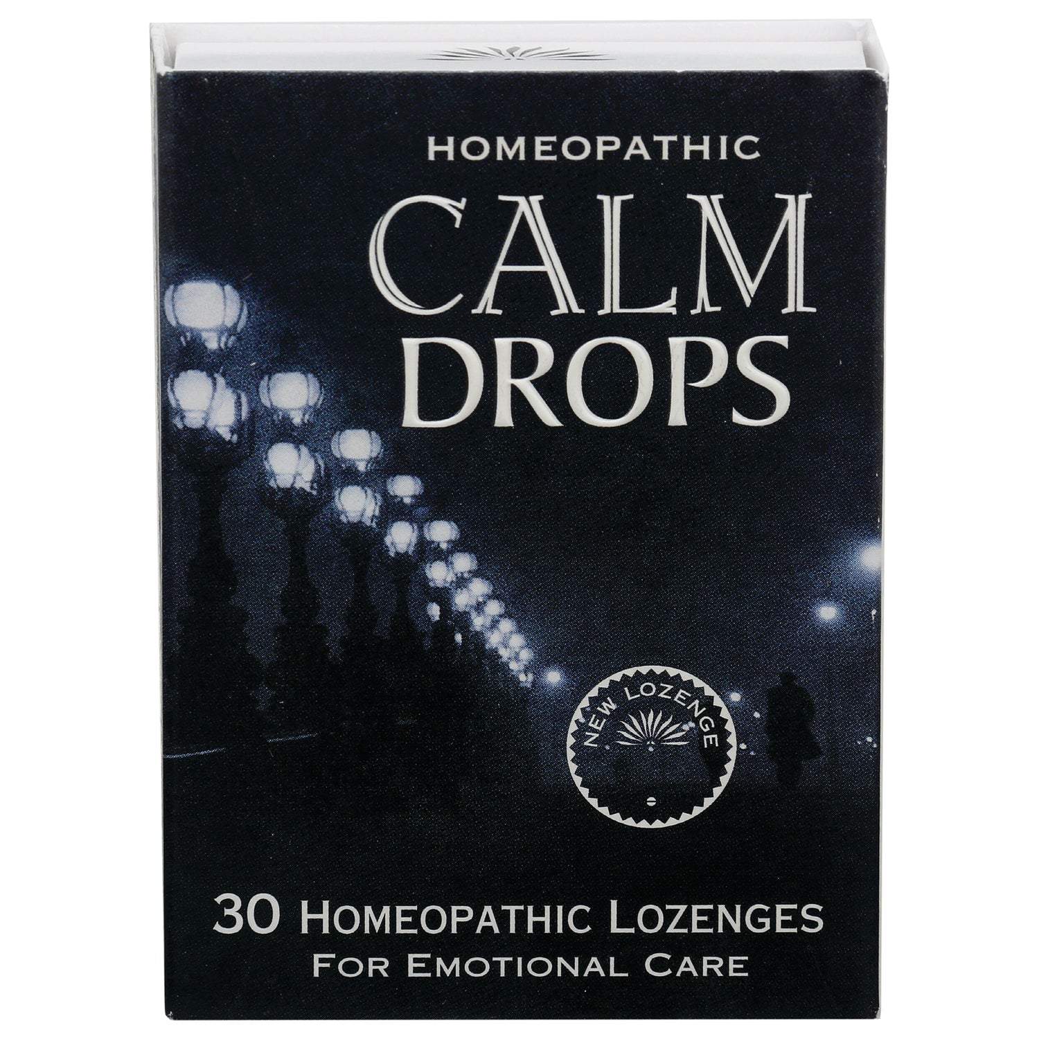 HLR002 | Black box of Calm Drops homeopathic lozenges labeled 30 Homeopathic Lozenges For Emotional Care