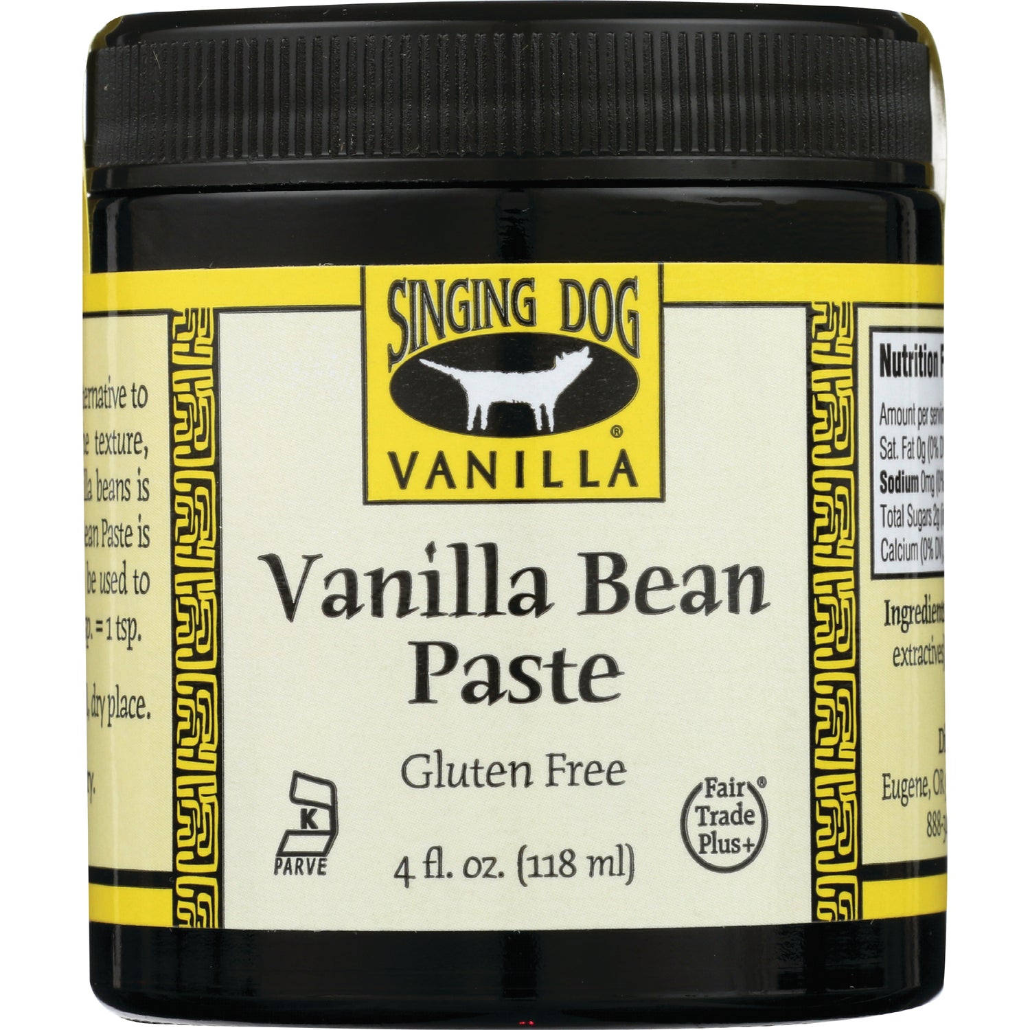 Singing Dog Vanilla jar labeled Vanilla Bean Paste, Gluten Free, 4 fl. oz. (118 ml)