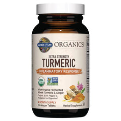GLF392 | Garden of Life Organics extra strength Turmeric supplement bottle front label showing USDA Organic and Non-GMO badges