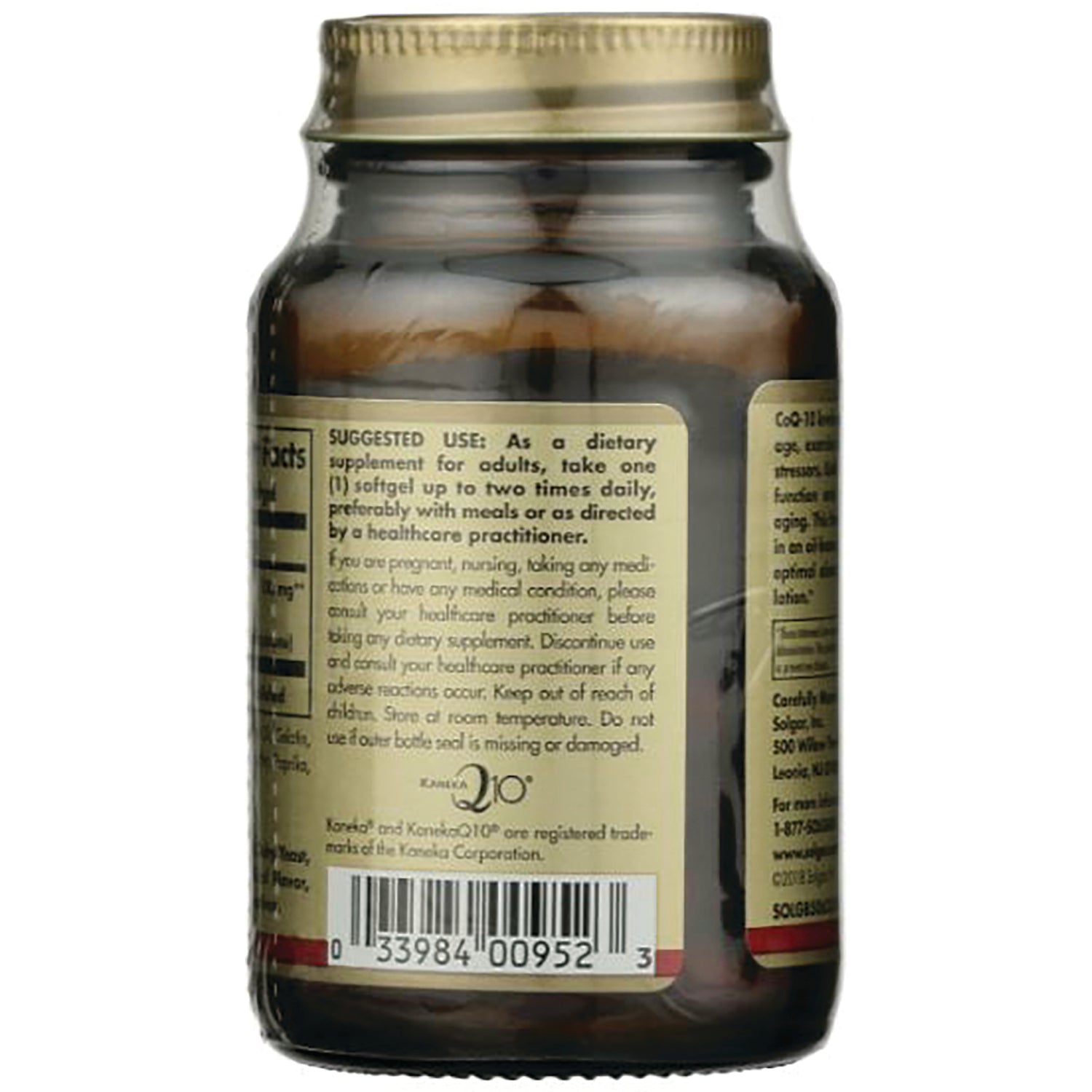 SLG273 | back of brown supplement bottle showing suggested use text, ingredients panel and barcode