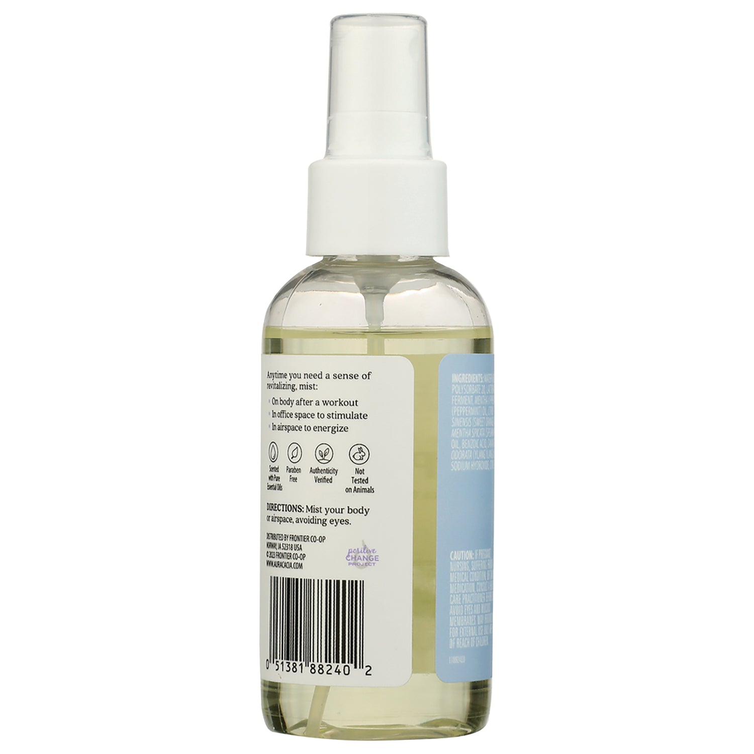 ARC131 | Back label of clear spray bottle showing ingredients, directions, icons and barcode