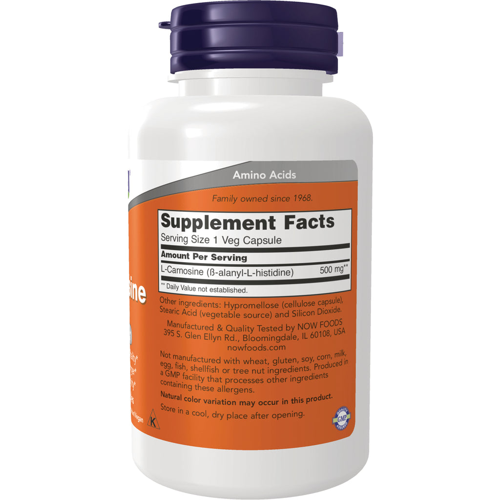 NWF1325 | Back of white supplement bottle with orange label showing Supplement Facts panel and L-Carnosine 500 mg ingredient - Thumbnail