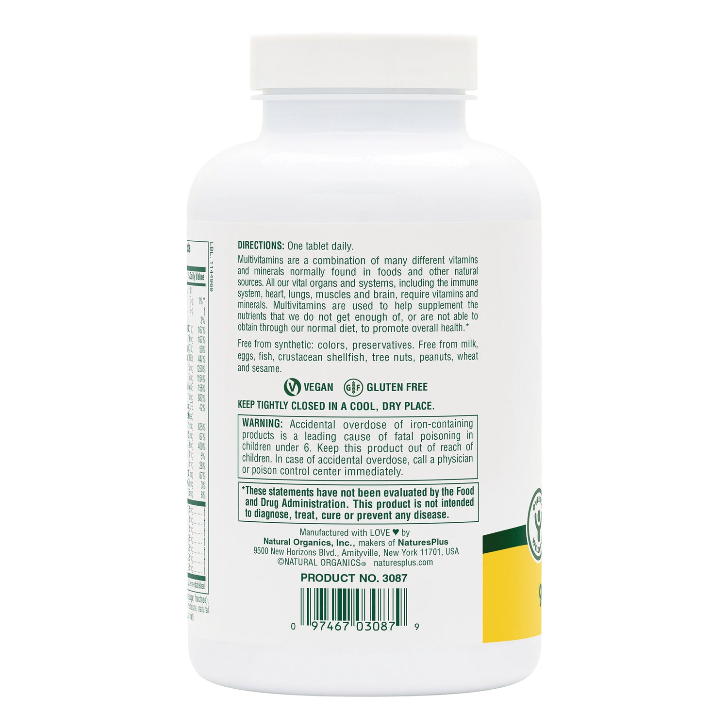 NTP193 | Back label of supplement bottle with directions, warnings, and storage instructions