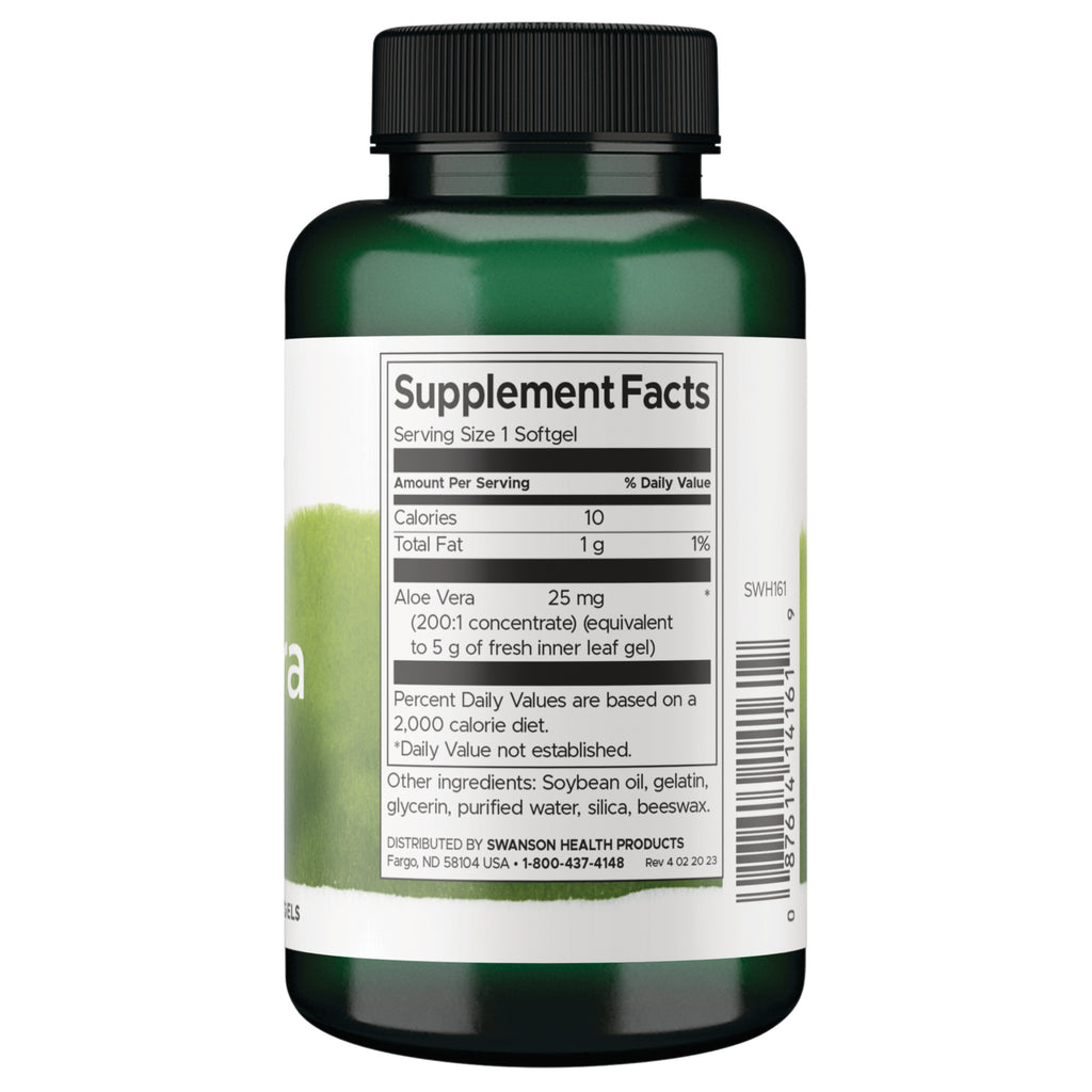 SWH161 | Back label with Supplement Facts panel for aloe vera softgels; includes calories 10, total fat 1 g, aloe vera 25 mg - Thumbnail