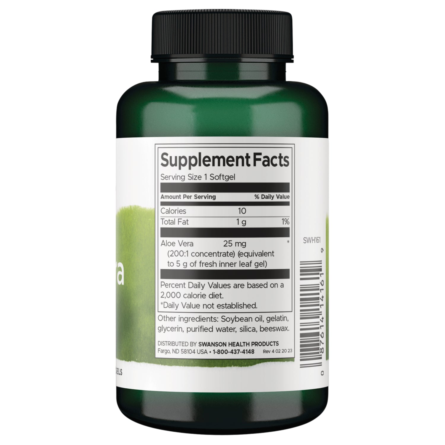 SWH161 | Back label with Supplement Facts panel for aloe vera softgels; includes calories 10, total fat 1 g, aloe vera 25 mg
