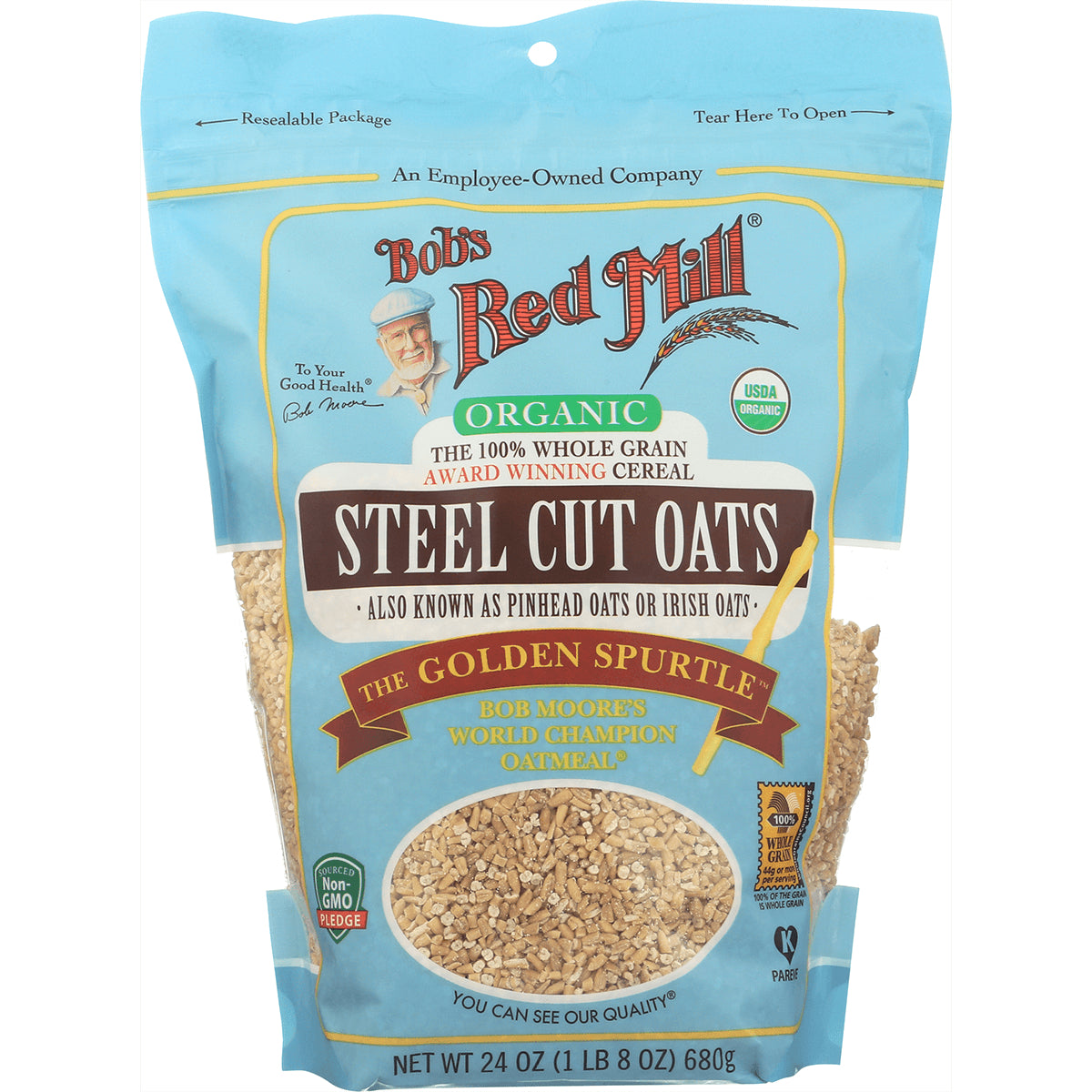 BOB310 | Bob's Red Mill Organic Steel Cut Oats front pouch with clear window showing oats