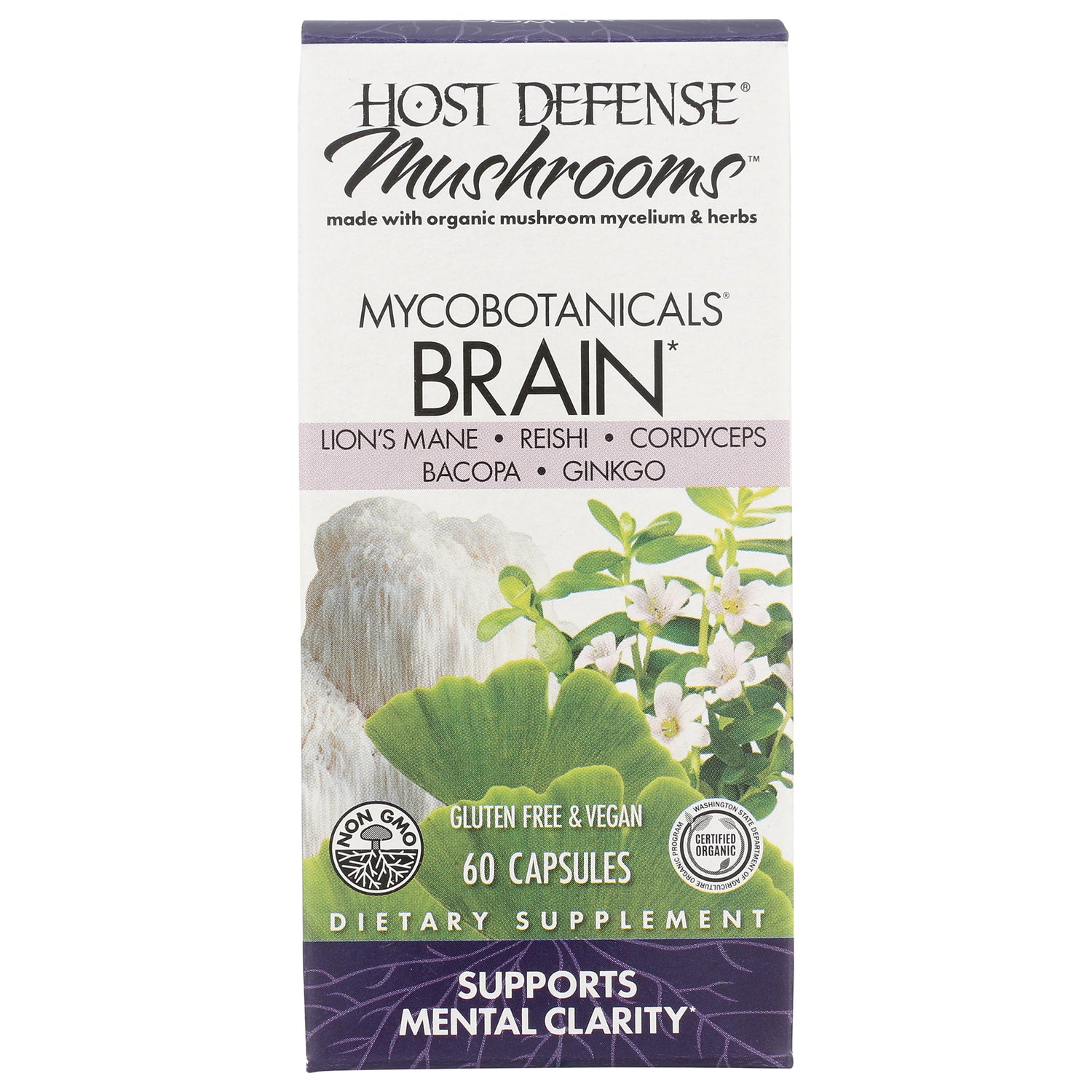 FUN024 | Host Defense Mushrooms Mycobotanicals BRAIN supplement box, 60 capsules, gluten free & vegan, supports mental clarity