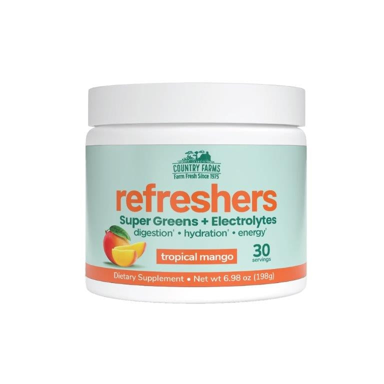 CFR032 | Country Farms Refreshers Super Greens + Electrolytes tropical mango tub front label showing 30 servings