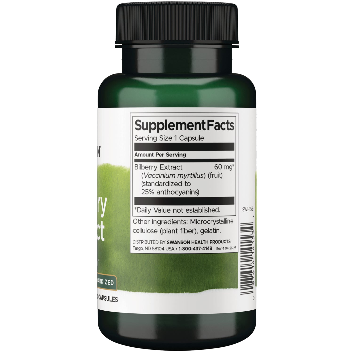 SWH153 | Back of bilberry extract supplement bottle showing Supplement Facts with Bilberry Extract 60 mg and ingredients