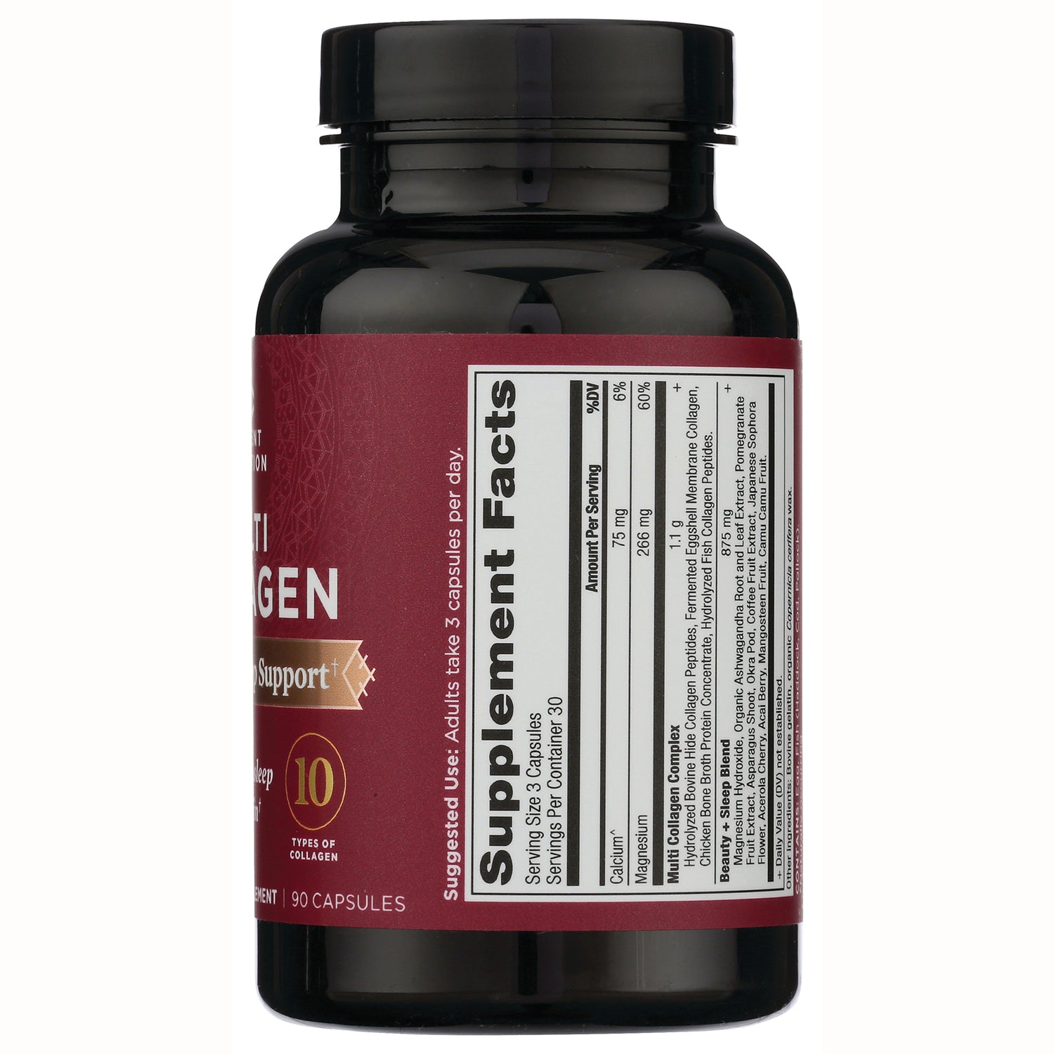 ATN064 | Back of maroon-labeled supplement bottle showing Supplement Facts panel and dosage information