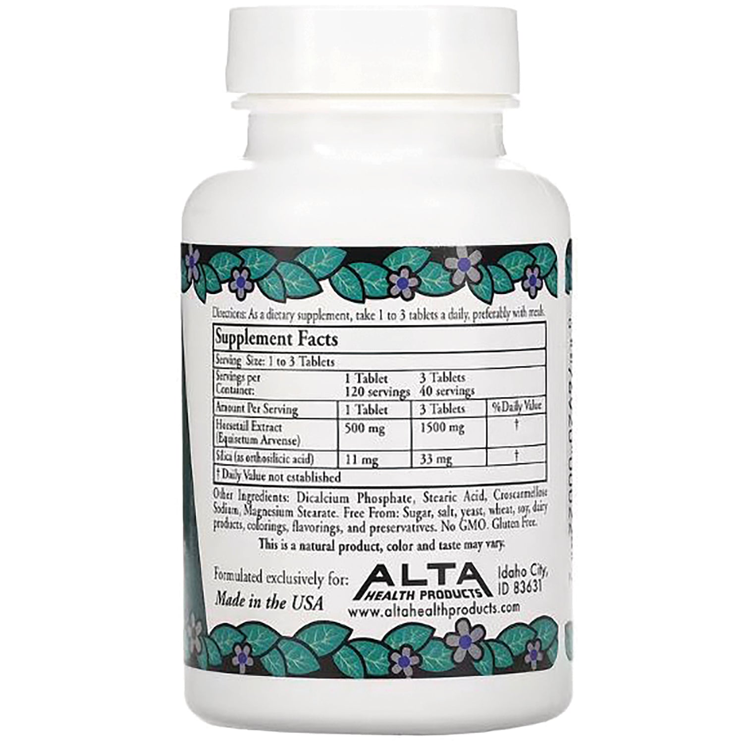 AH022 | Back label of white supplement bottle showing Supplement Facts table and ALTA Health Products logo