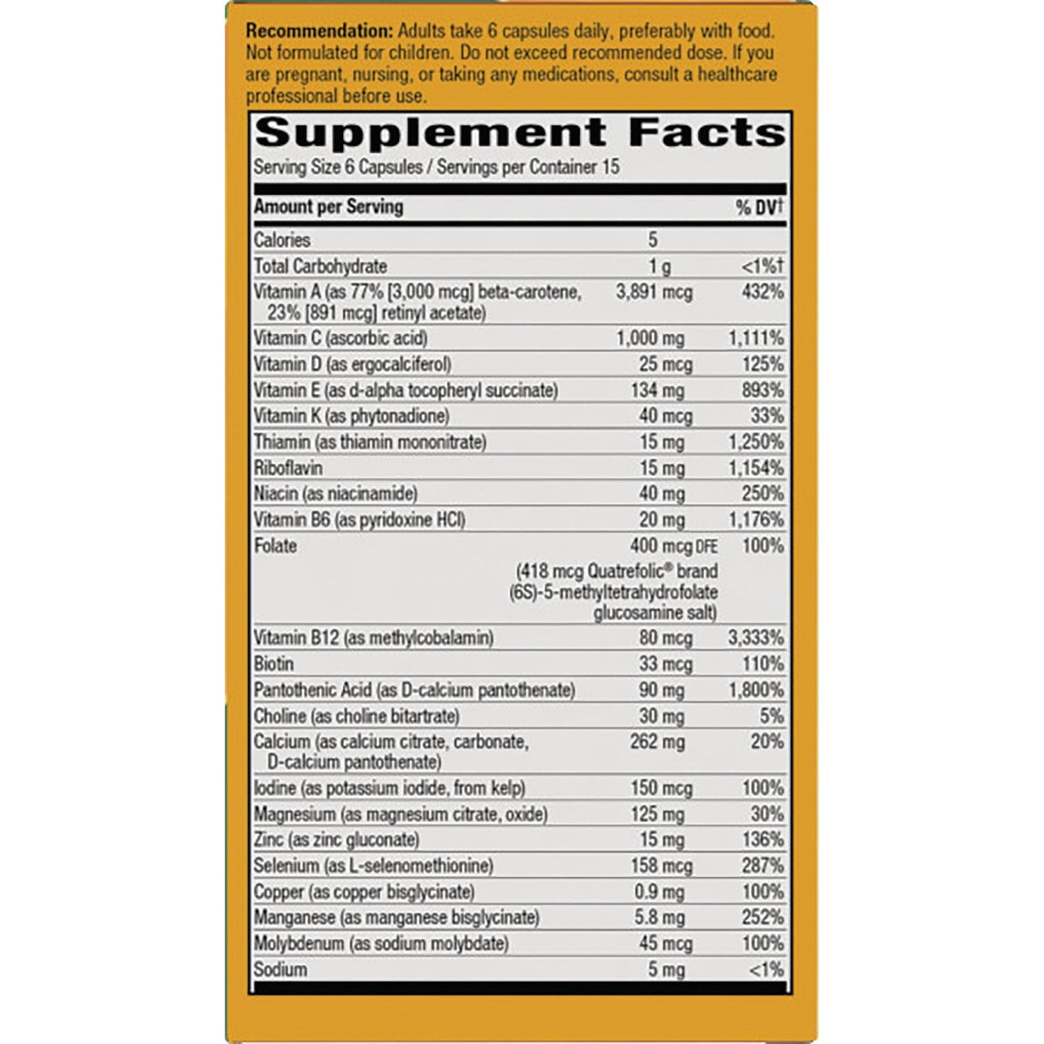 NW655 | Back label showing Supplement Facts table with serving size, nutrient amounts, recommendation and warning text