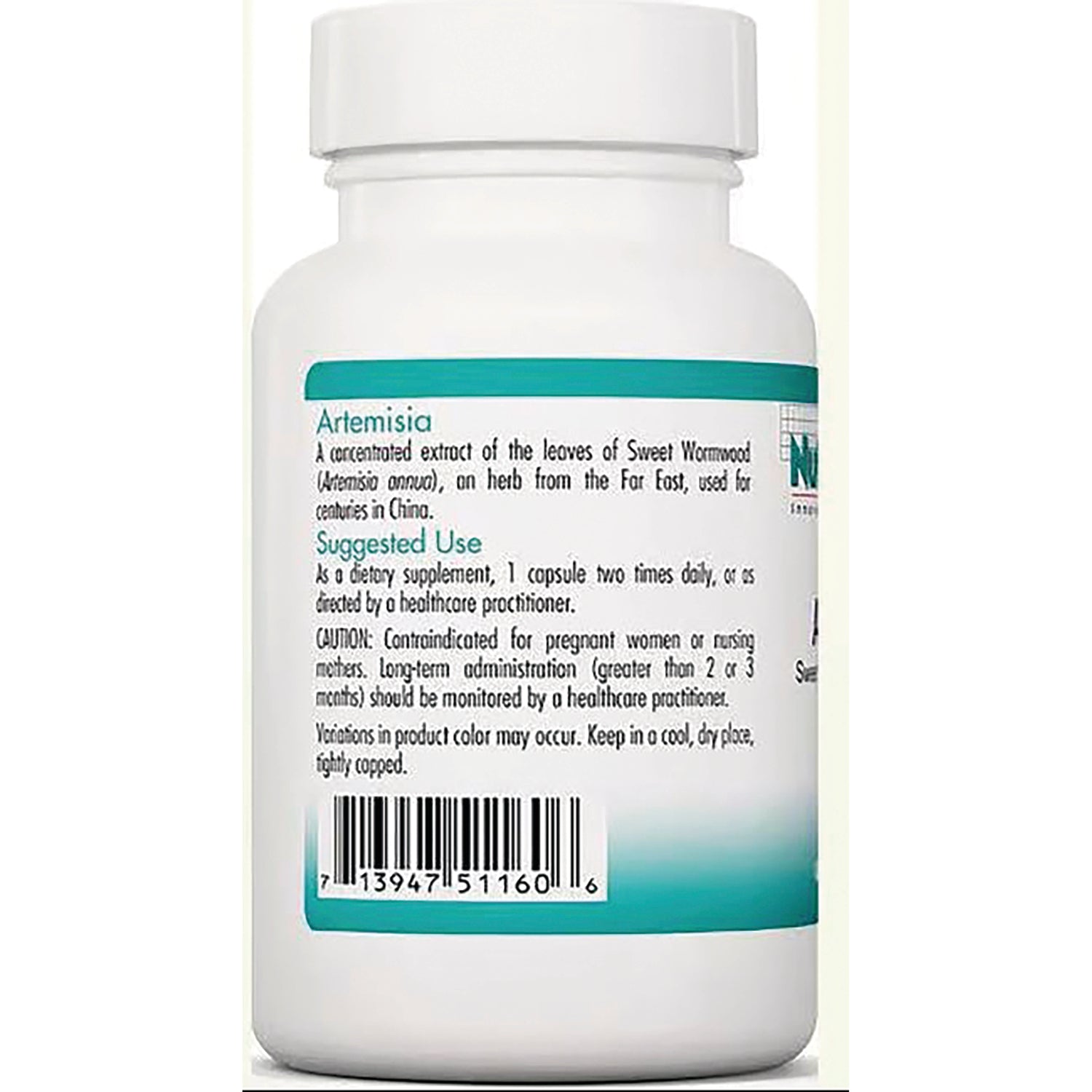 NCL048 | Back label of white supplement bottle showing Artemisia heading, usage instructions and barcode