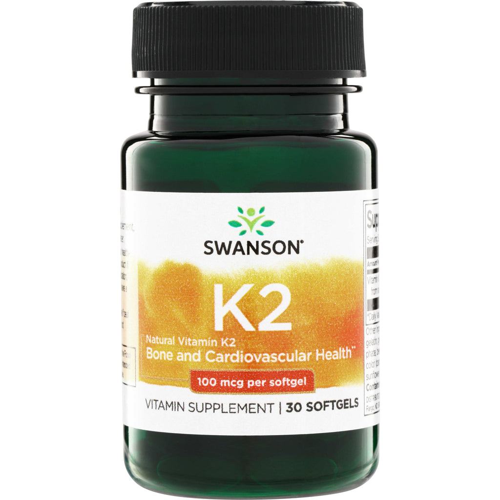 SWU672 | Swanson K2 supplement bottle, Natural Vitamin K2, Bone and Cardiovascular Health, 100 mcg per softgel, 30 softgels - Thumbnail