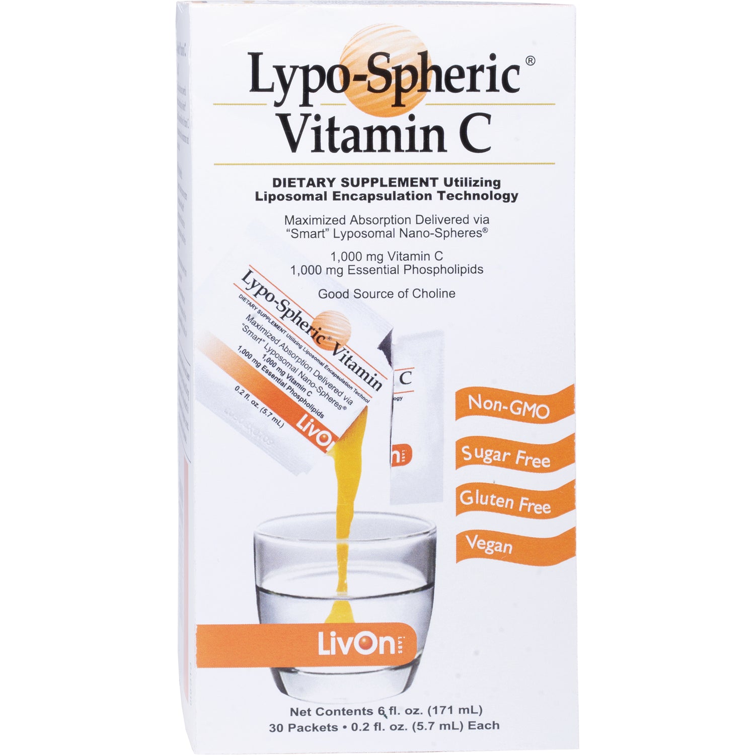 LVL001 | Lypo-Spheric Vitamin C box pouring yellow liquid into a glass, labeled Non-GMO Sugar Free Gluten Free Vegan